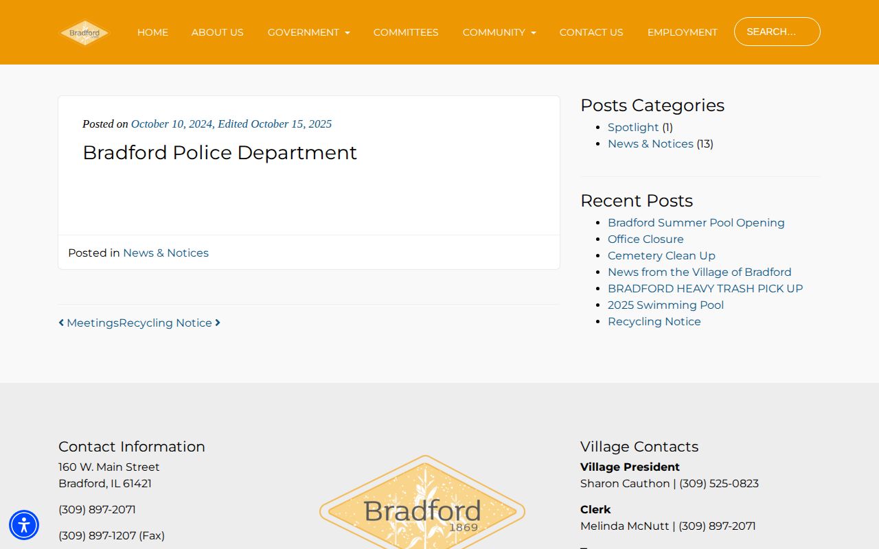 Bradford Illinois Police Department contact page for arrest-record routing