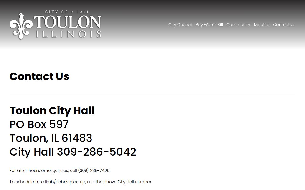 Toulon, Stark County, Illinois city contact page for arrest records and booking-photo routing