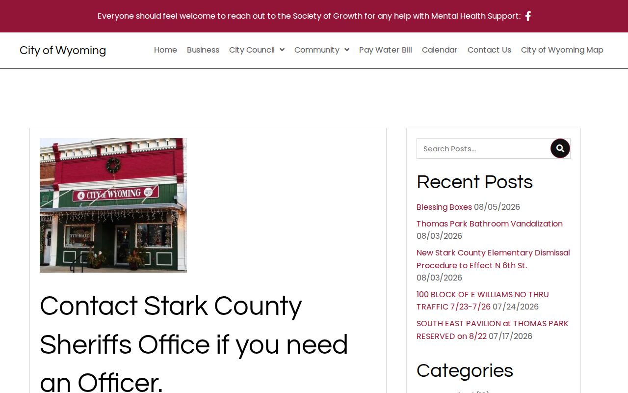 Wyoming, Stark County, Illinois police contact and arrest-record routing page